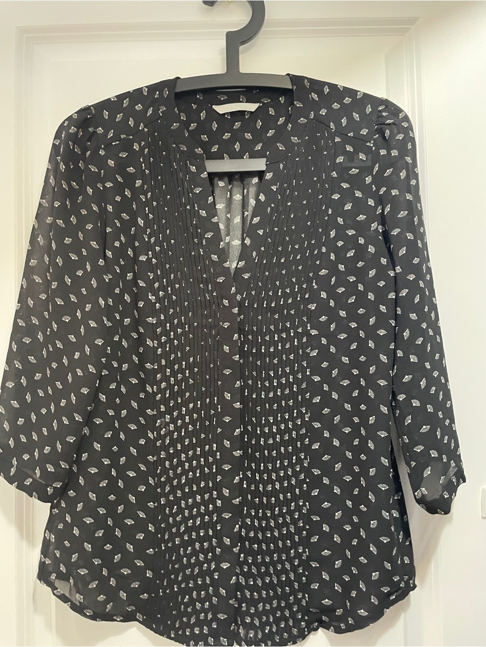 H&M Black Blouse with White Leaf Print and Pintuck Front